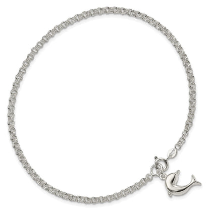 Sterling Silver 10Inch Hollow Polished 3-D Dolphin Anklet