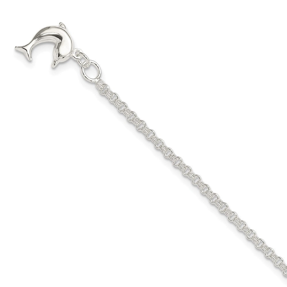 Sterling Silver 10Inch Hollow Polished 3-D Dolphin Anklet