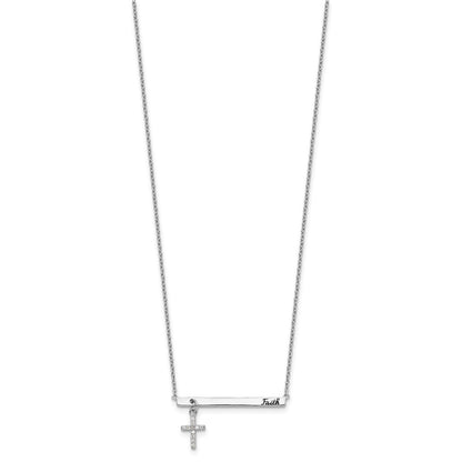 Sterling Silver Rh-Plated Cz Cross Black Enamel Faith Bar Necklace