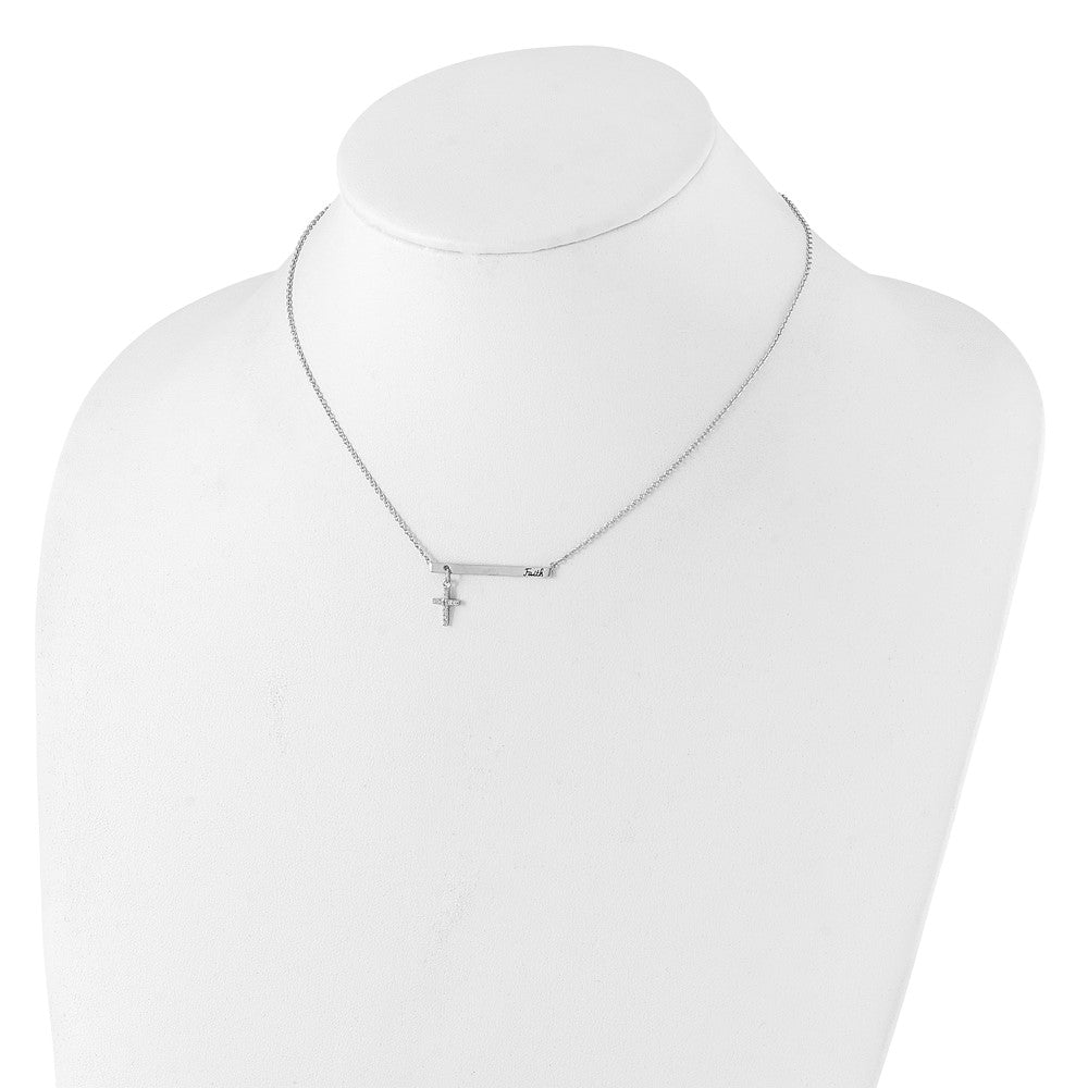 Sterling Silver Rh-Plated Cz Cross Black Enamel Faith Bar Necklace