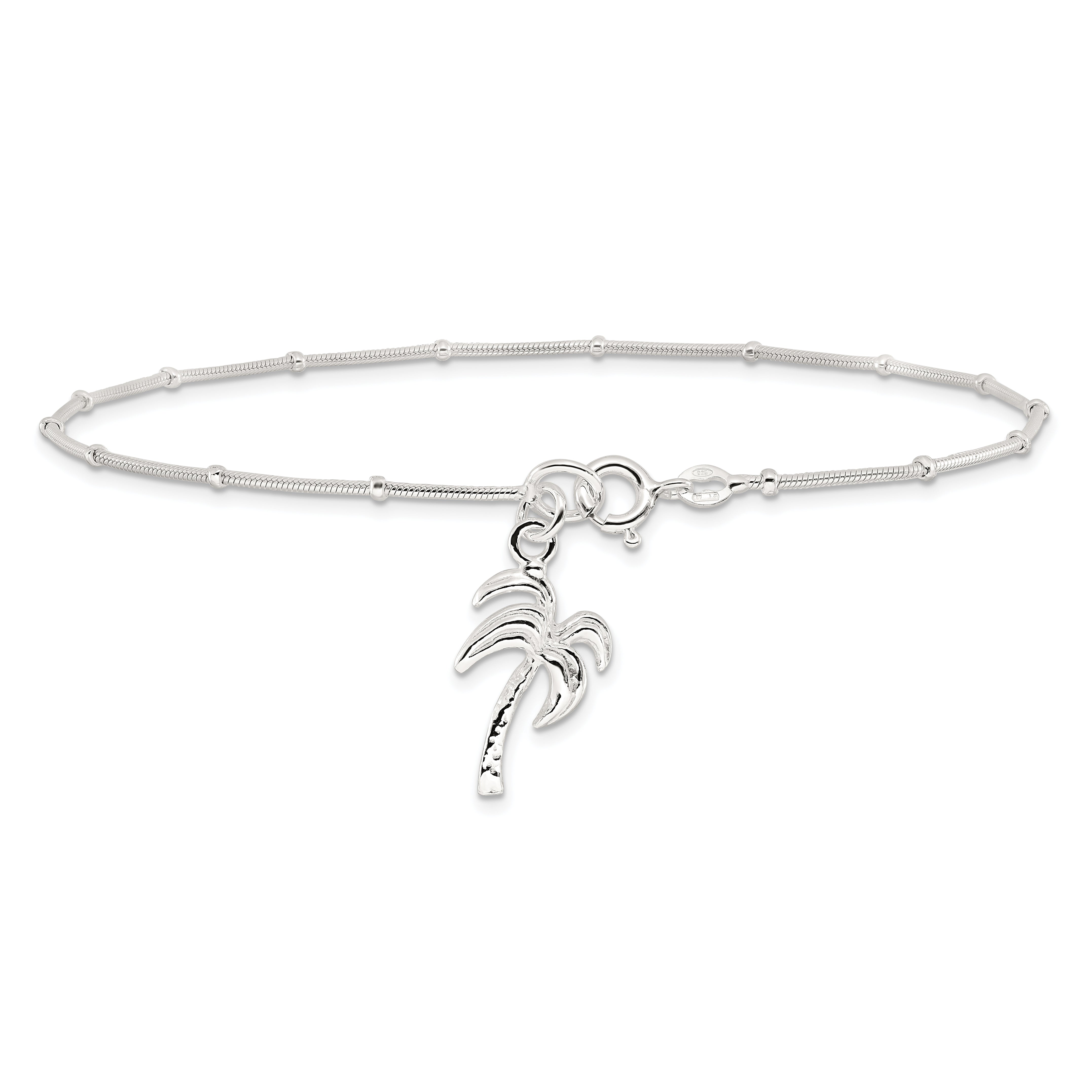Sterling Silver 10Inch Solid Polished Palm Tree Anklet