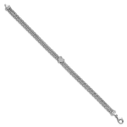 7.25 Inch Sterling Silver Rhodium-Plated Cz Heart Multi-Strand Bracelet