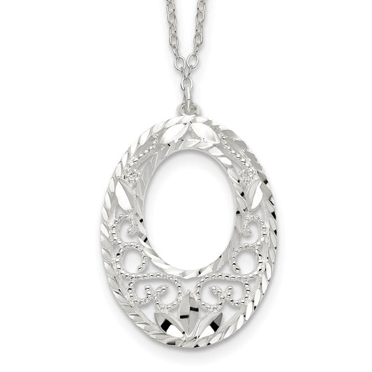 Sterling Silver Diamond Cut Open Oval Filigree Necklace