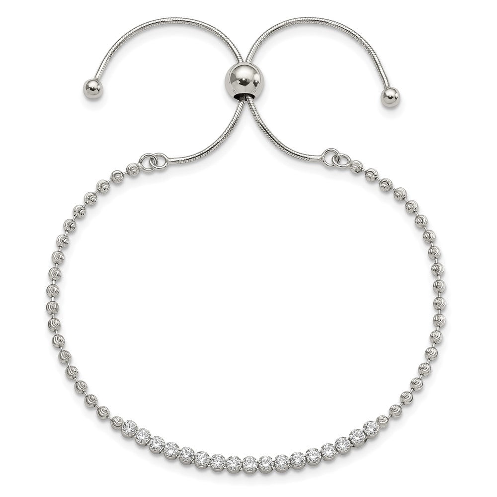 10 Inch Sterling Silver Rhodium-Plated Diamond-Cut Cz Adjustable Bracelet