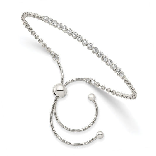 10 Inch Sterling Silver Rhodium-Plated Diamond-Cut Cz Adjustable Bracelet