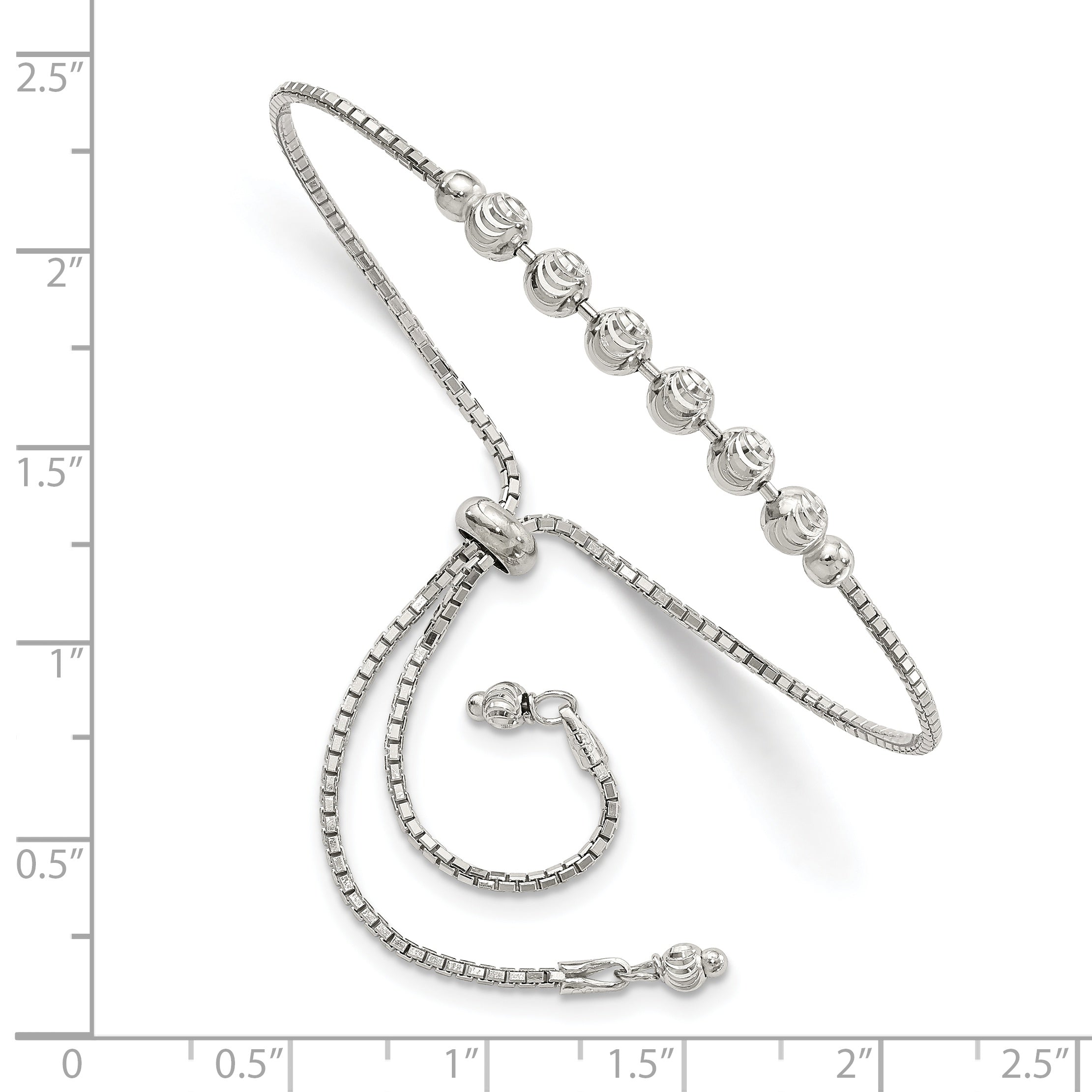 10 Inch Sterling Silver Rhodium-Plated Diamond-Cut Beaded Adjustable Bracelet