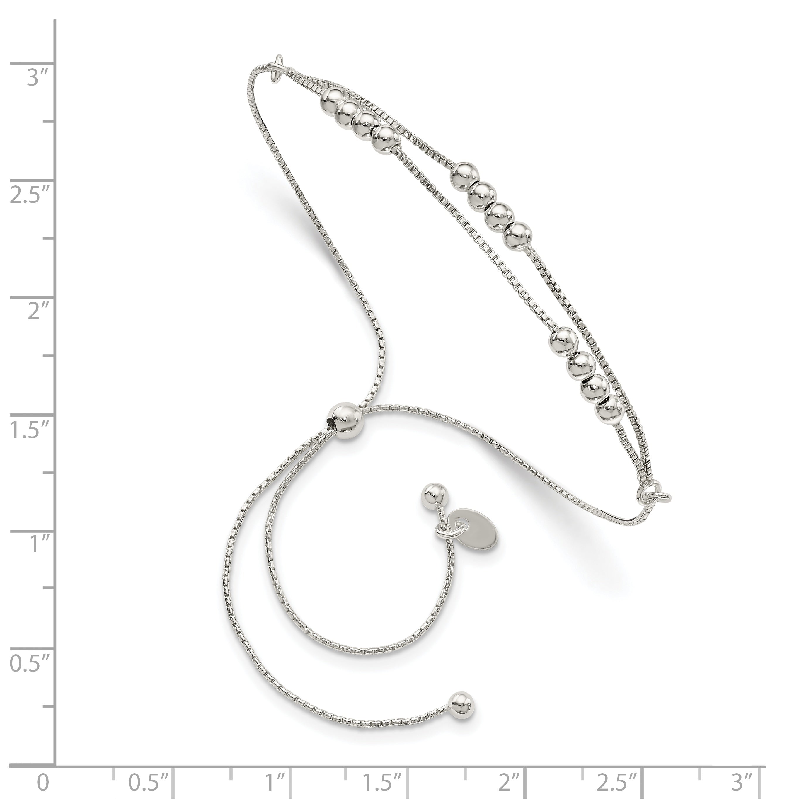 11 Inch Sterling Silver Polished Beaded 2-Strand Adjustable Bracelet