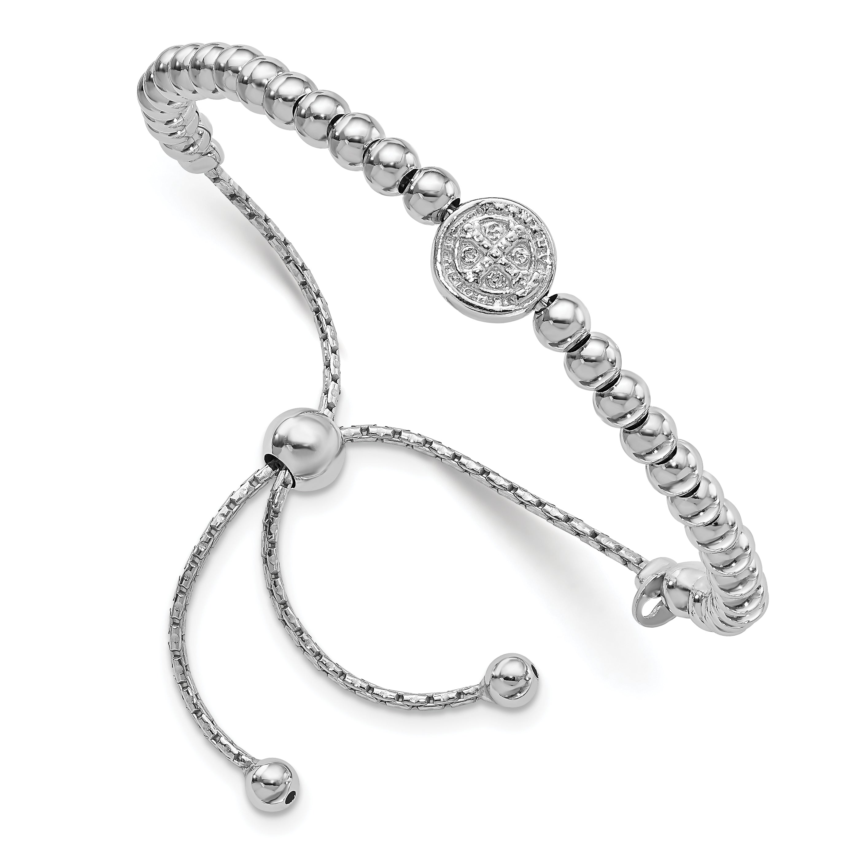 9 Inch Sterling Silver Rh-Plated Beaded Saint Medal 5In To 8.25In Bracelet