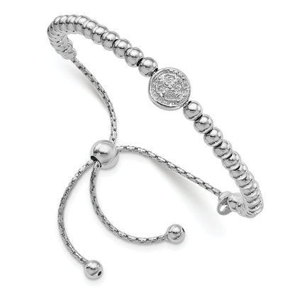 9 Inch Sterling Silver Rh-Plated Beaded Saint Medal 5In To 8.25In Bracelet