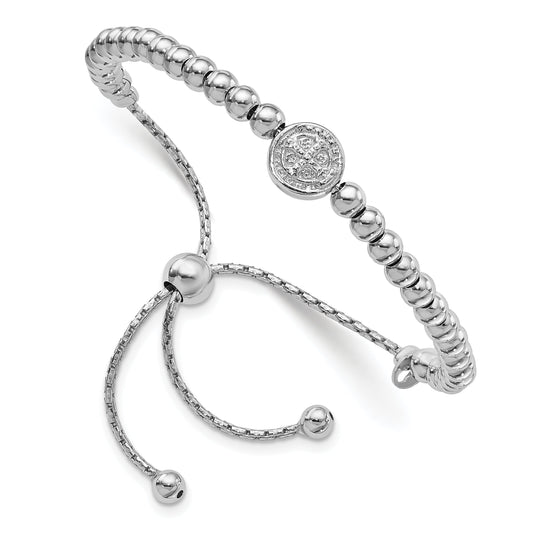9 Inch Sterling Silver Rh-Plated Beaded Saint Medal 5In To 8.25In Bracelet