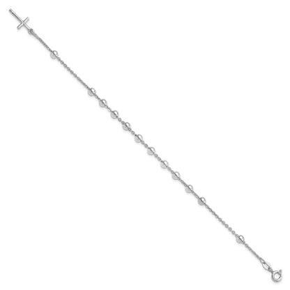 7 Inch Sterling Silver Rhodium Plated Polished Beaded Cross Bracelet