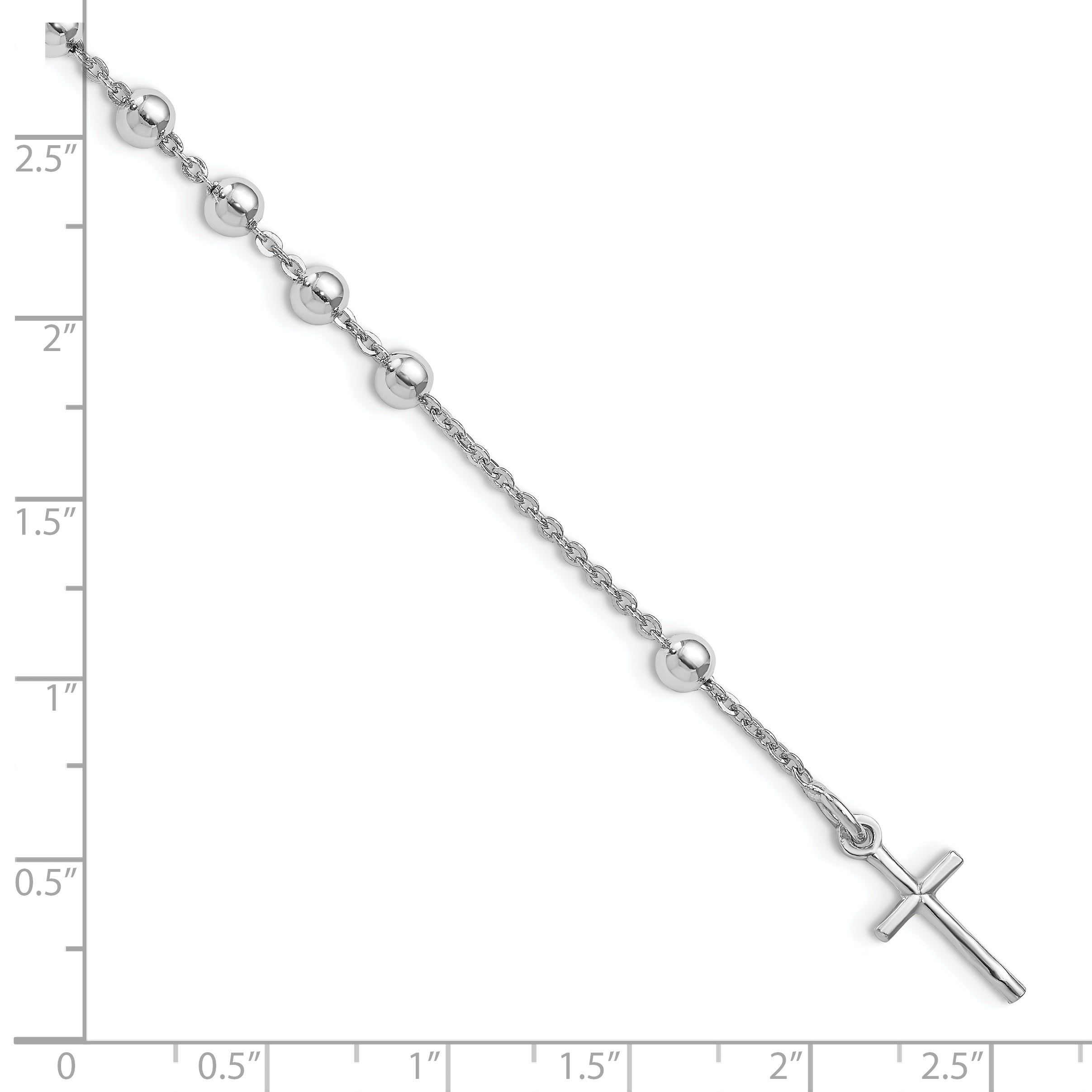 7 Inch Sterling Silver Rhodium Plated Polished Beaded Cross Bracelet