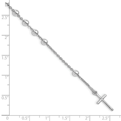 7 Inch Sterling Silver Rhodium Plated Polished Beaded Cross Bracelet