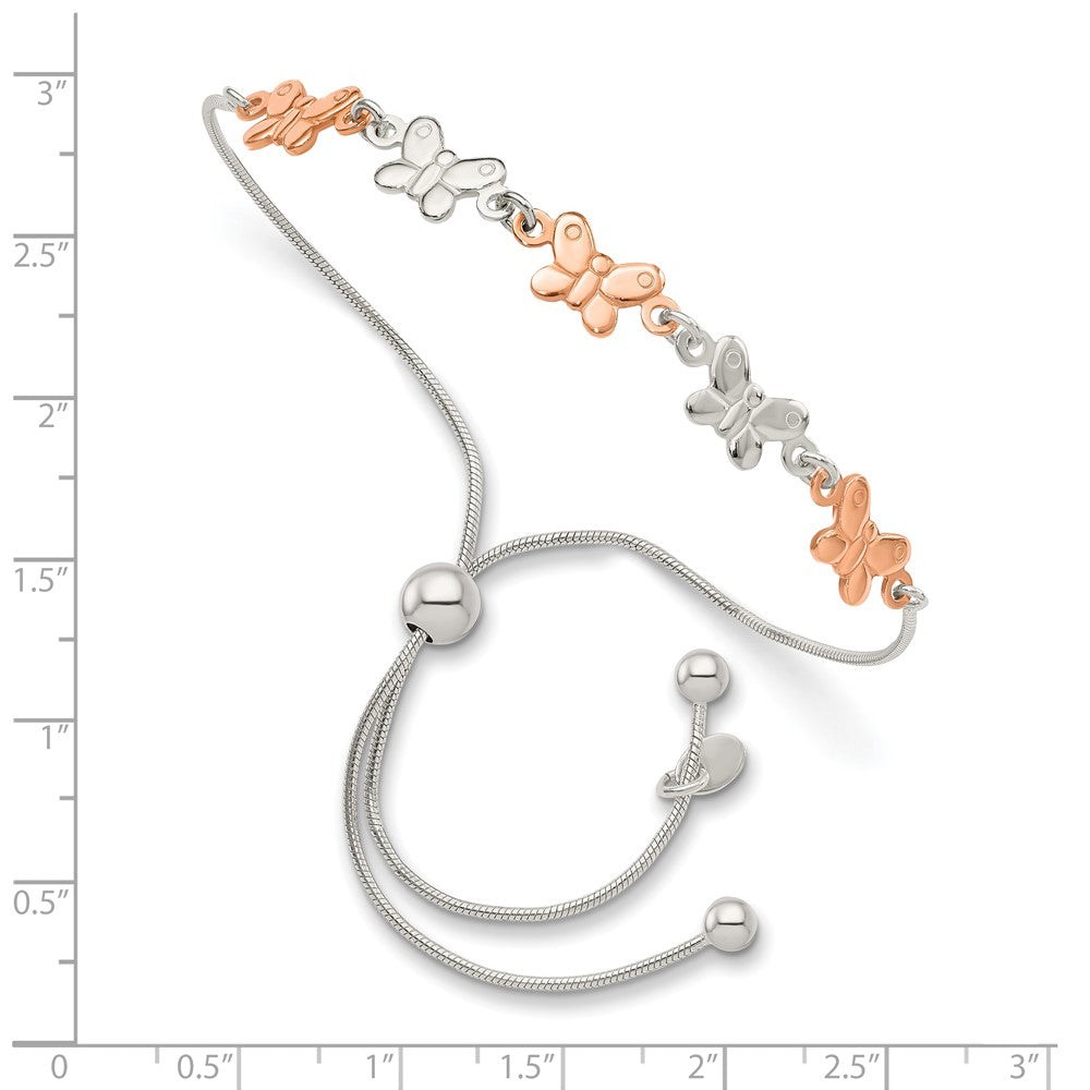 Sterling Silver W/Rose-Tone Butterfly Adjustable Bracelet