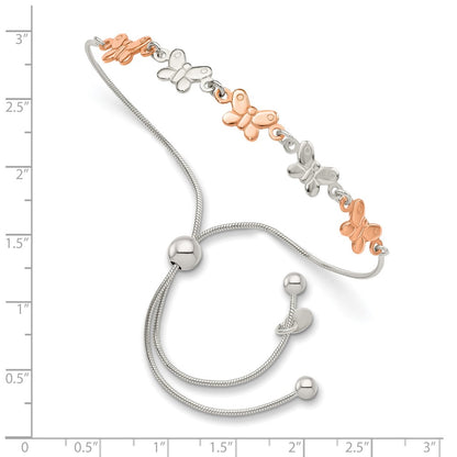Sterling Silver W/Rose-Tone Butterfly Adjustable Bracelet