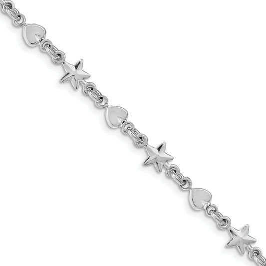7.5 Inch Sterling Silver Rhodium-Plated Star And Heart Bracelet
