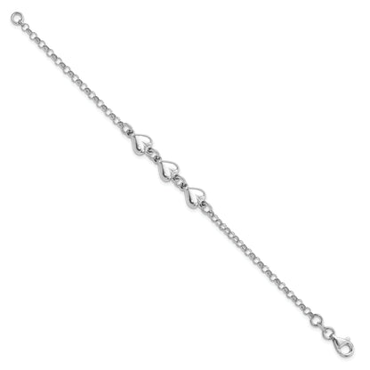 7 Inch Sterling Silver Rhodium Plated Polished Triple Heart Charm Bracelet