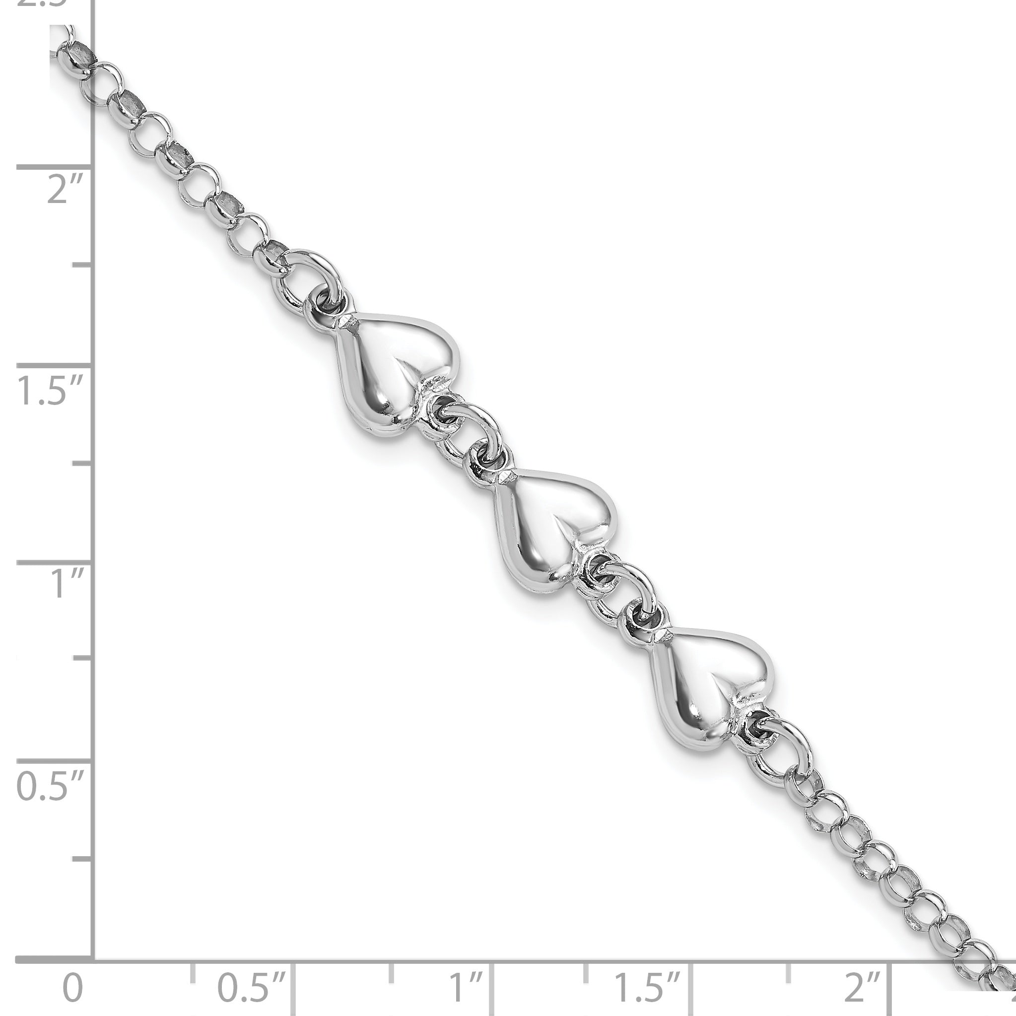 7 Inch Sterling Silver Rhodium Plated Polished Triple Heart Charm Bracelet