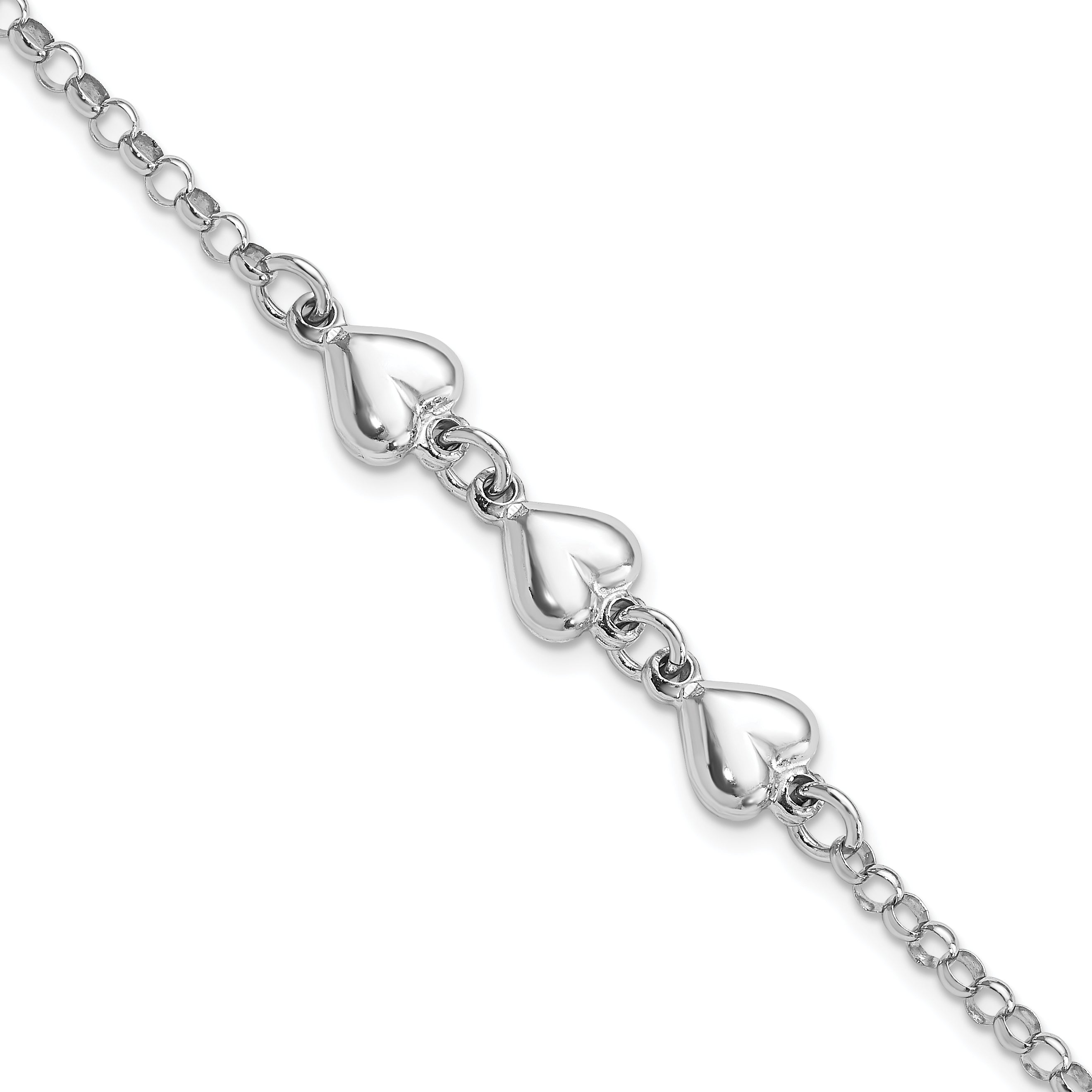 7 Inch Sterling Silver Rhodium Plated Polished Triple Heart Charm Bracelet