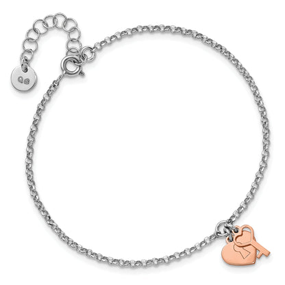 8 Inch Sterling Silver Rhodium Rose-Tone Heart & Key W/1.5In Ext. Bracelet