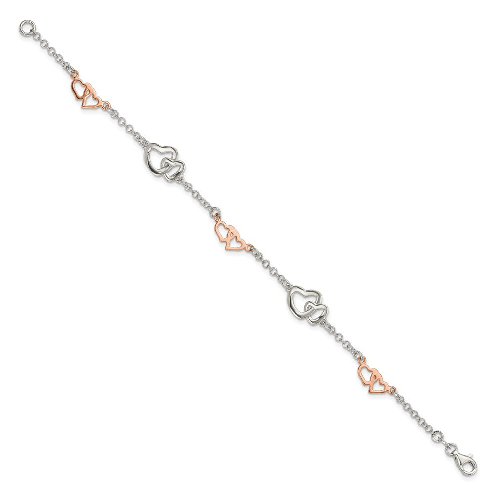 7.5 Inch Sterling Silver Rose Gold-Plated Polished Heart Bracelet
