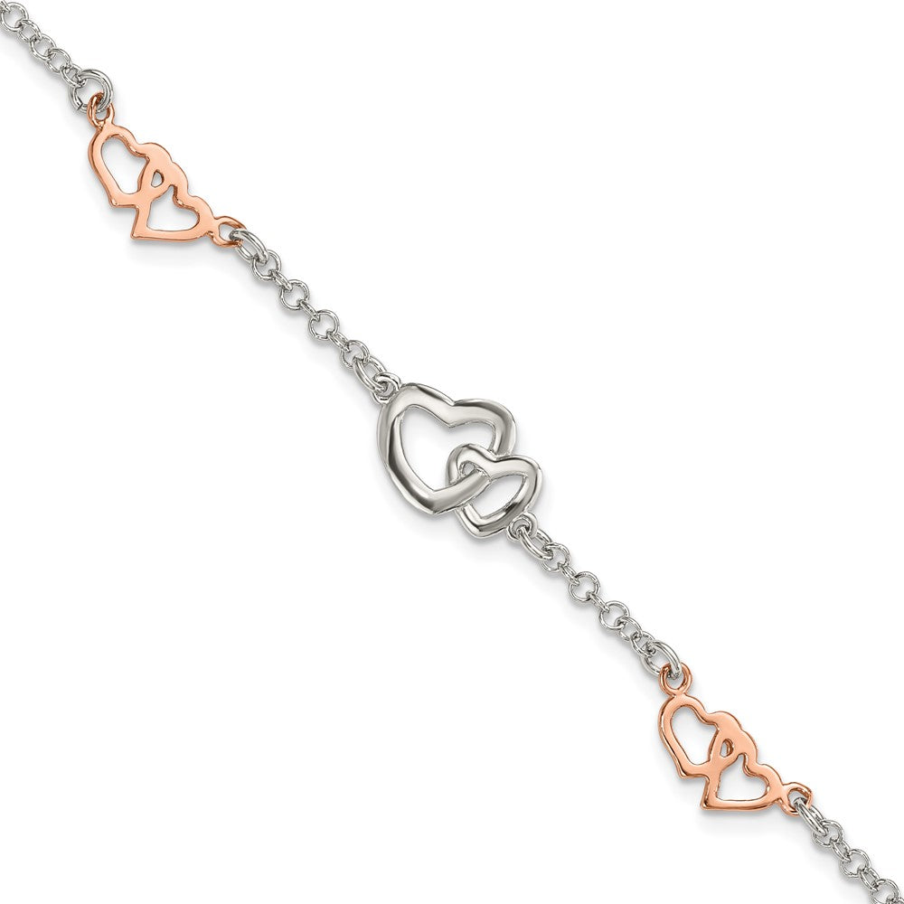 7.5 Inch Sterling Silver Rose Gold-Plated Polished Heart Bracelet