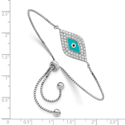 Sterling Silver Rhodium-Plated Cz Blue Enamel Eye Adjustable Bracelet