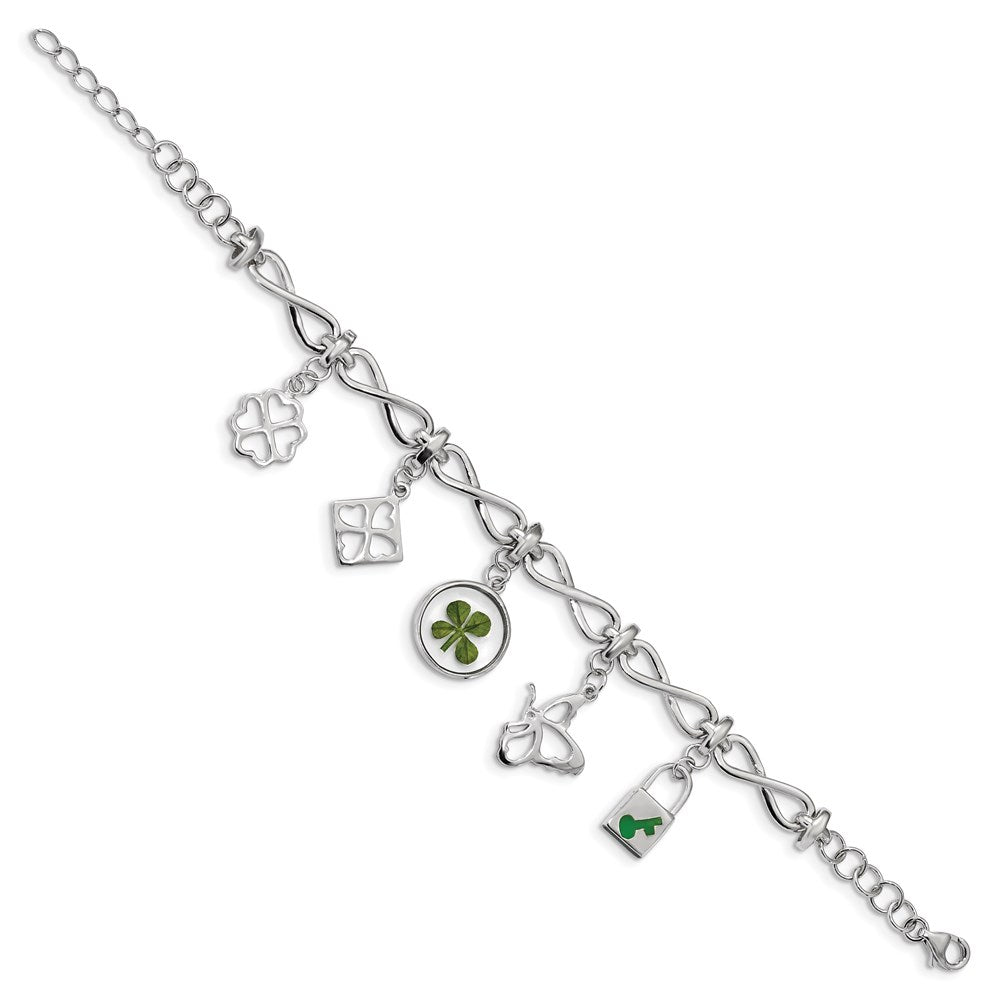 6 Inch Sterling Silver Plat. Plated Clover Epoxy Enamel W/1.5 Ext. Bracelet