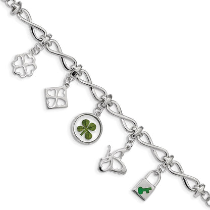 6 Inch Sterling Silver Plat. Plated Clover Epoxy Enamel W/1.5 Ext. Bracelet