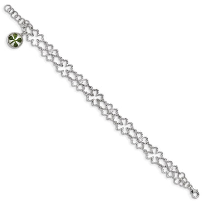 6.5 Inch Sterling Silver Plat. Plated Clover Epoxy & Shell Cz .5 Ext. Bracelet