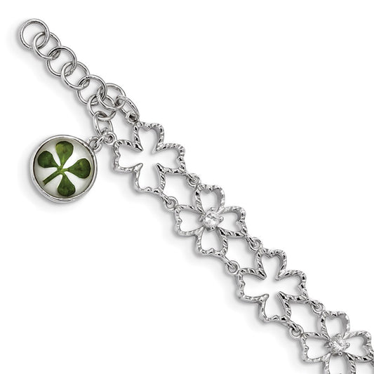 6.5 Inch Sterling Silver Plat. Plated Clover Epoxy & Shell Cz .5 Ext. Bracelet