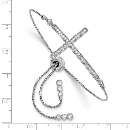 Inch Sterling Silver Rhodium-Plated Cz Polished Adjustable Cross Bracelet