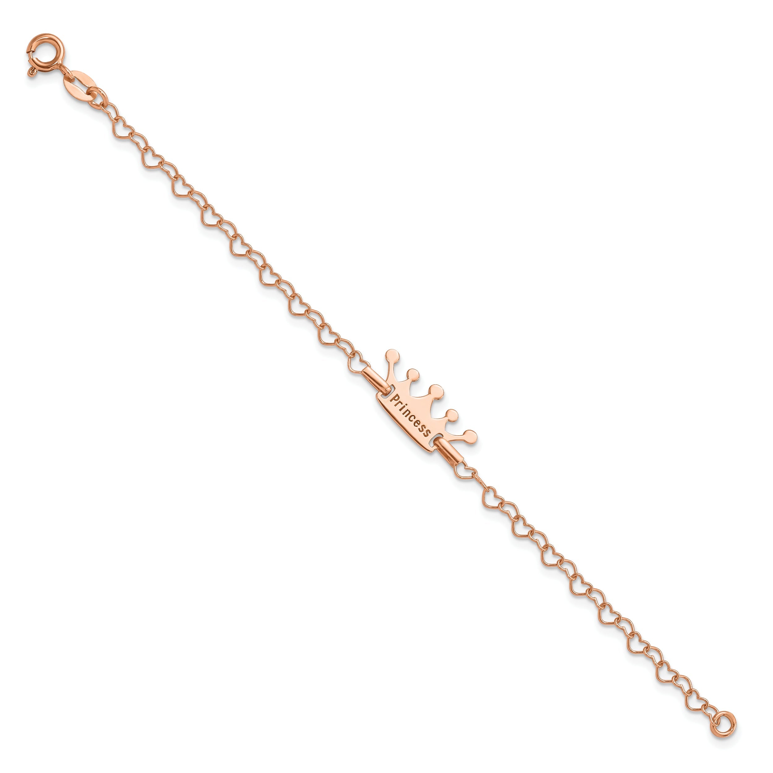 6 Inch Sterling Silver Rose-Tone Princess Crown Heart Link Children'S Bracelet