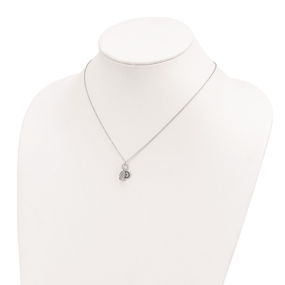 Sterling Silver Rhod-Plated Cz Eye And Hamsa Charm Necklace