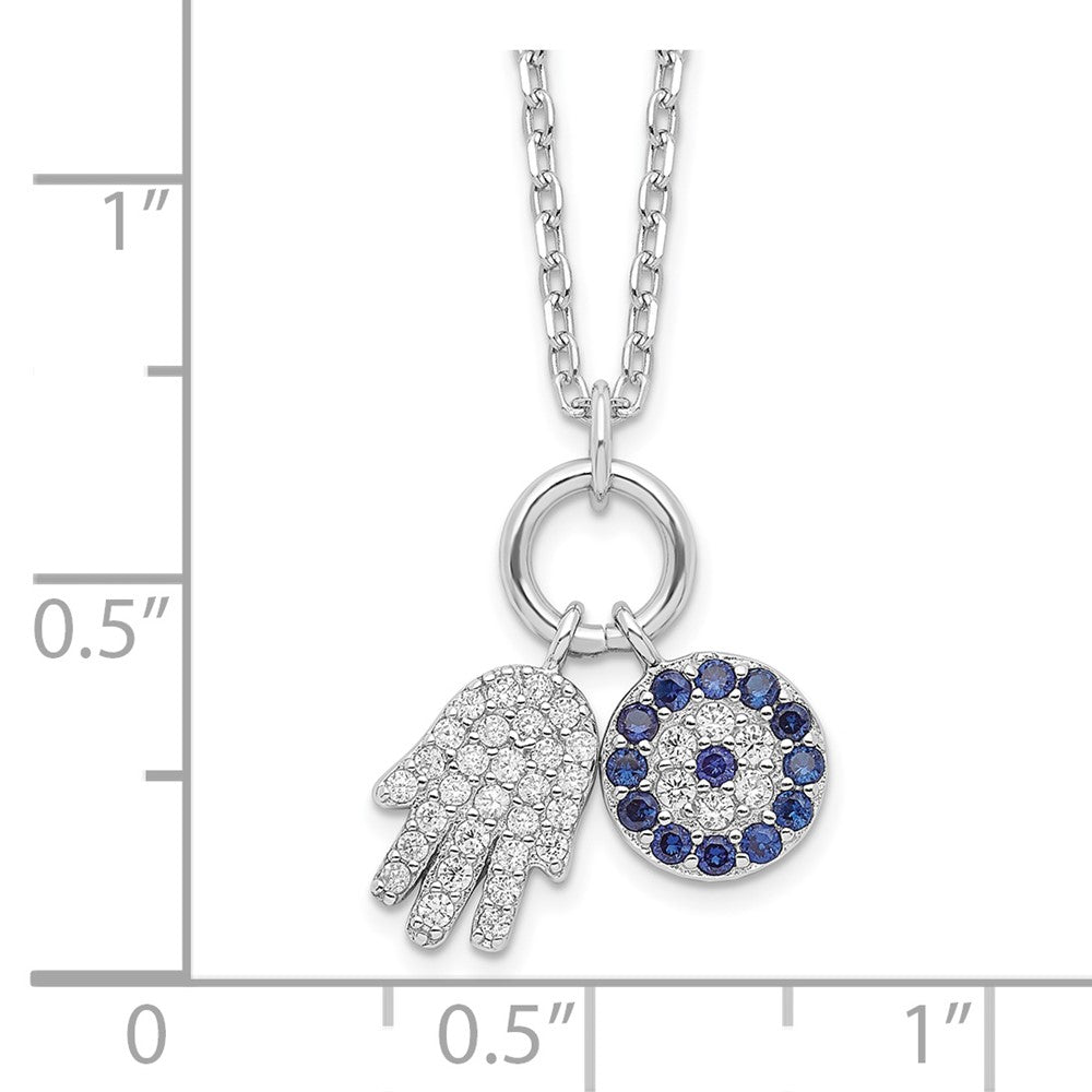 Sterling Silver Rhod-Plated Cz Eye And Hamsa Charm Necklace