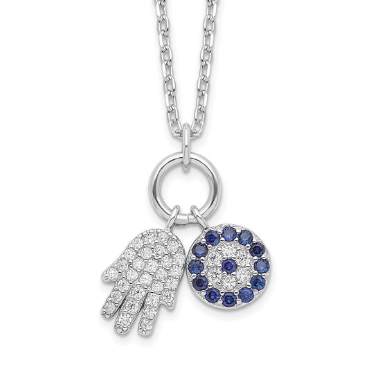 Sterling Silver Rhod-Plated Cz Eye And Hamsa Charm Necklace