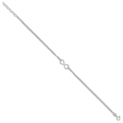 Sterling Silver 2-Strand Beaded Infinity Symbol 9In Plus 1In Ext. Anklet