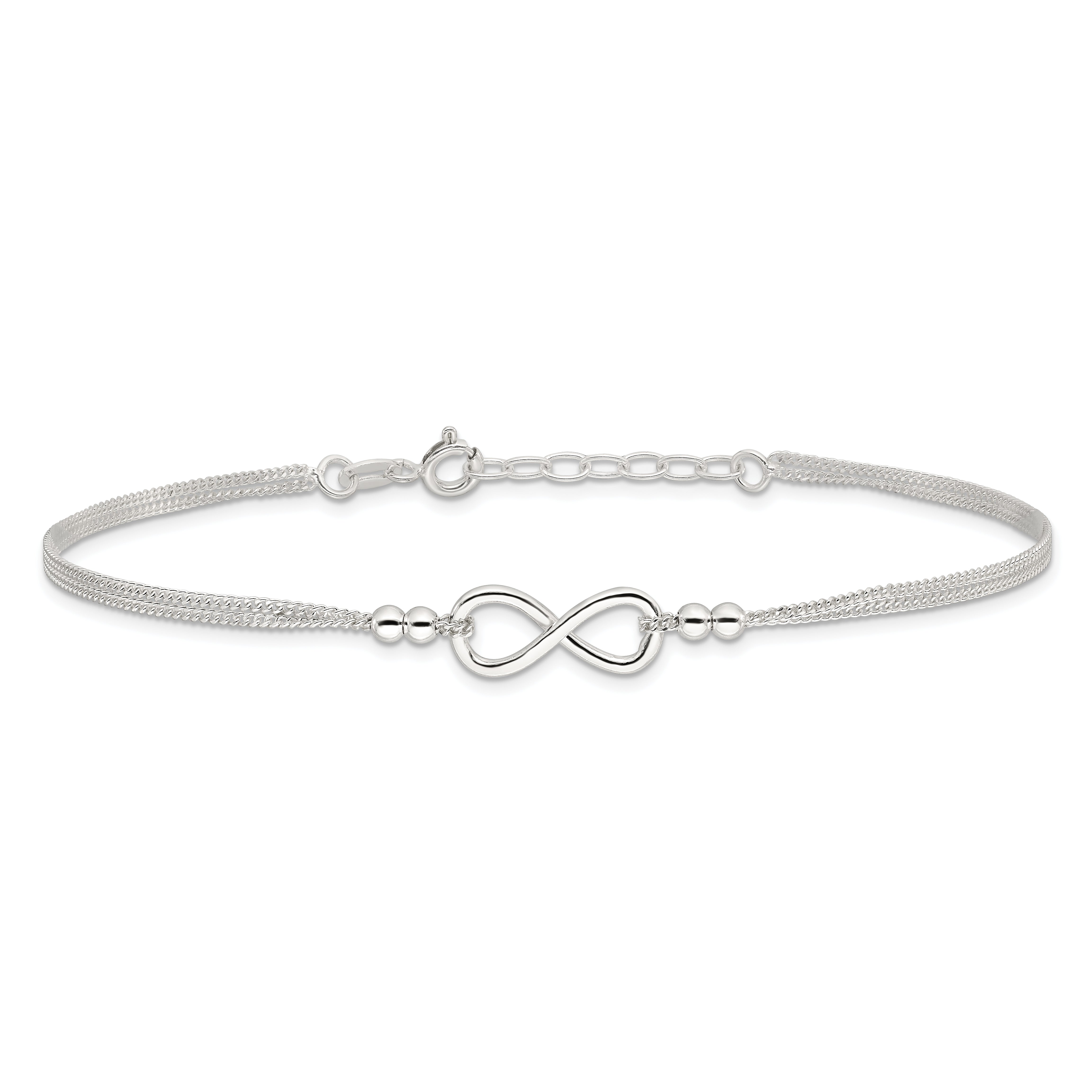 Sterling Silver 2-Strand Beaded Infinity Symbol 9In Plus 1In Ext. Anklet