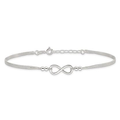 Sterling Silver 2-Strand Beaded Infinity Symbol 9In Plus 1In Ext. Anklet