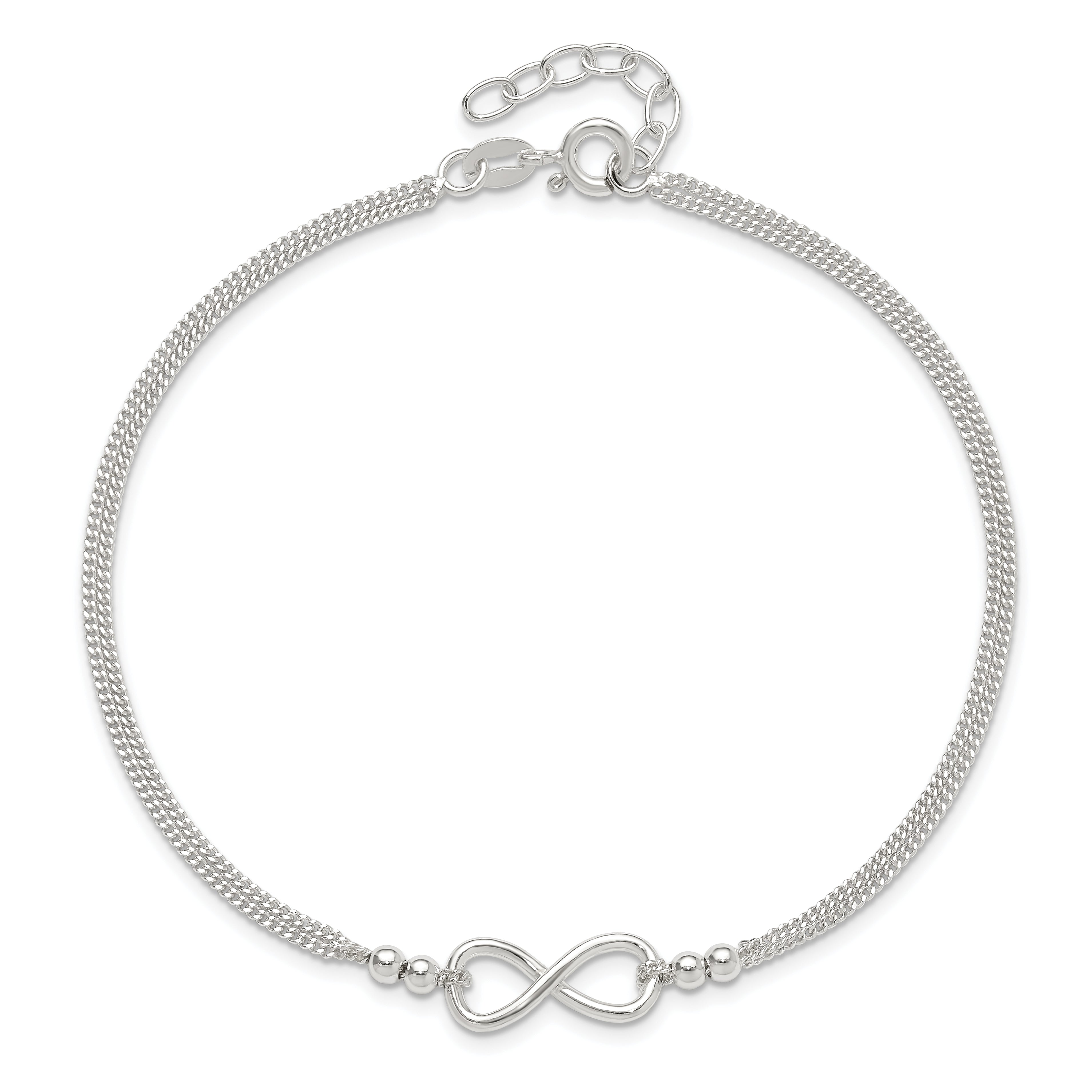 Sterling Silver 2-Strand Beaded Infinity Symbol 9In Plus 1In Ext. Anklet