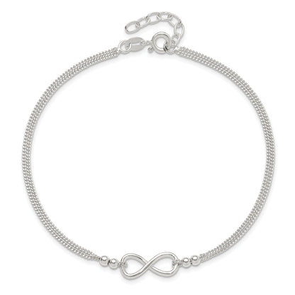 Sterling Silver 2-Strand Beaded Infinity Symbol 9In Plus 1In Ext. Anklet