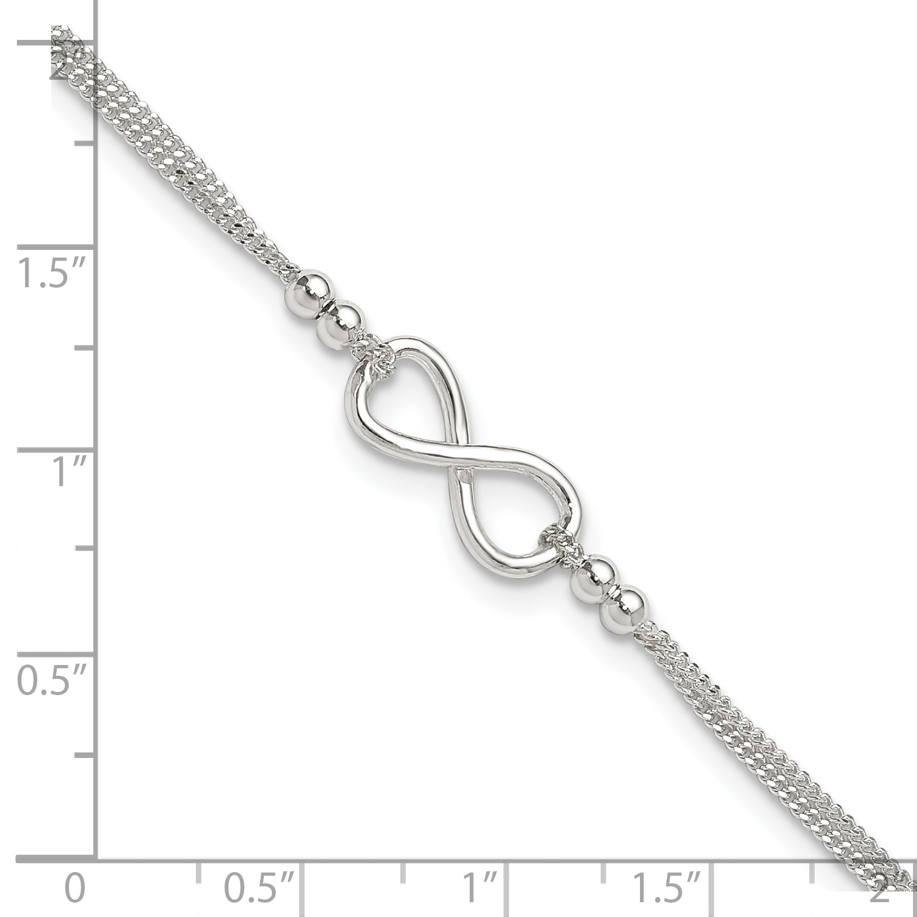 Sterling Silver 2-Strand Beaded Infinity Symbol 9In Plus 1In Ext. Anklet