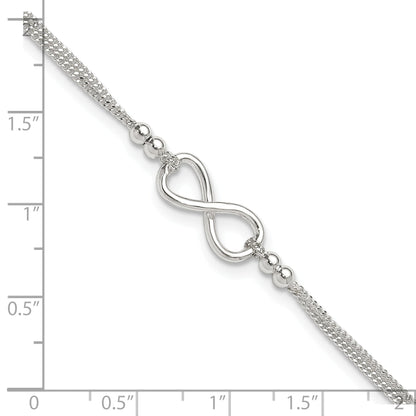 Sterling Silver 2-Strand Beaded Infinity Symbol 9In Plus 1In Ext. Anklet