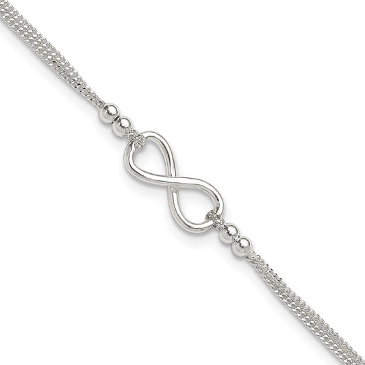 Sterling Silver 2-Strand Beaded Infinity Symbol 9In Plus 1In Ext. Anklet