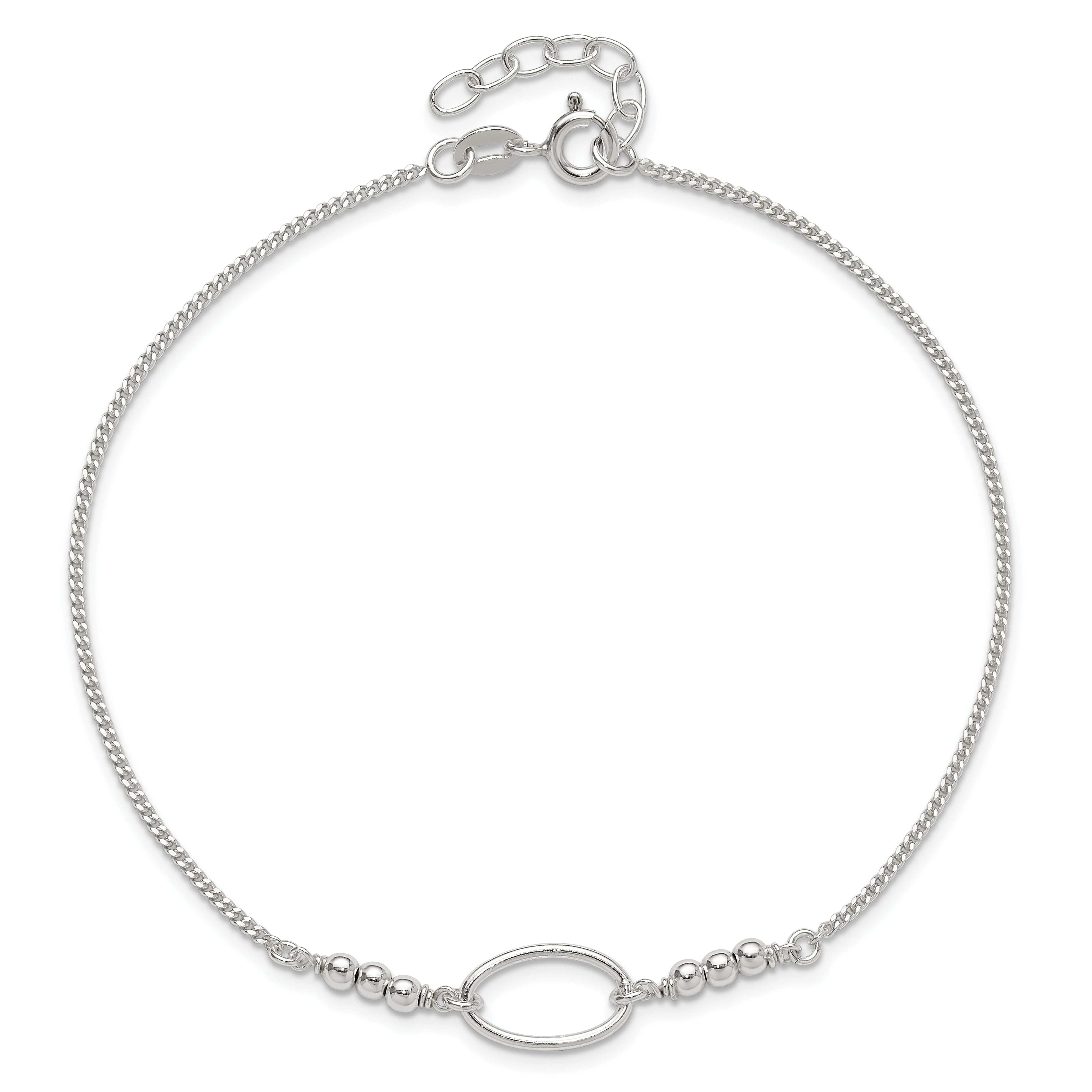 Sterling Silver Oval And Beaded 9In Plus 1In Ext. Anklet