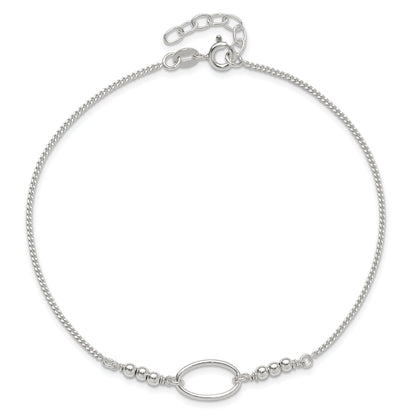 Sterling Silver Oval And Beaded 9In Plus 1In Ext. Anklet