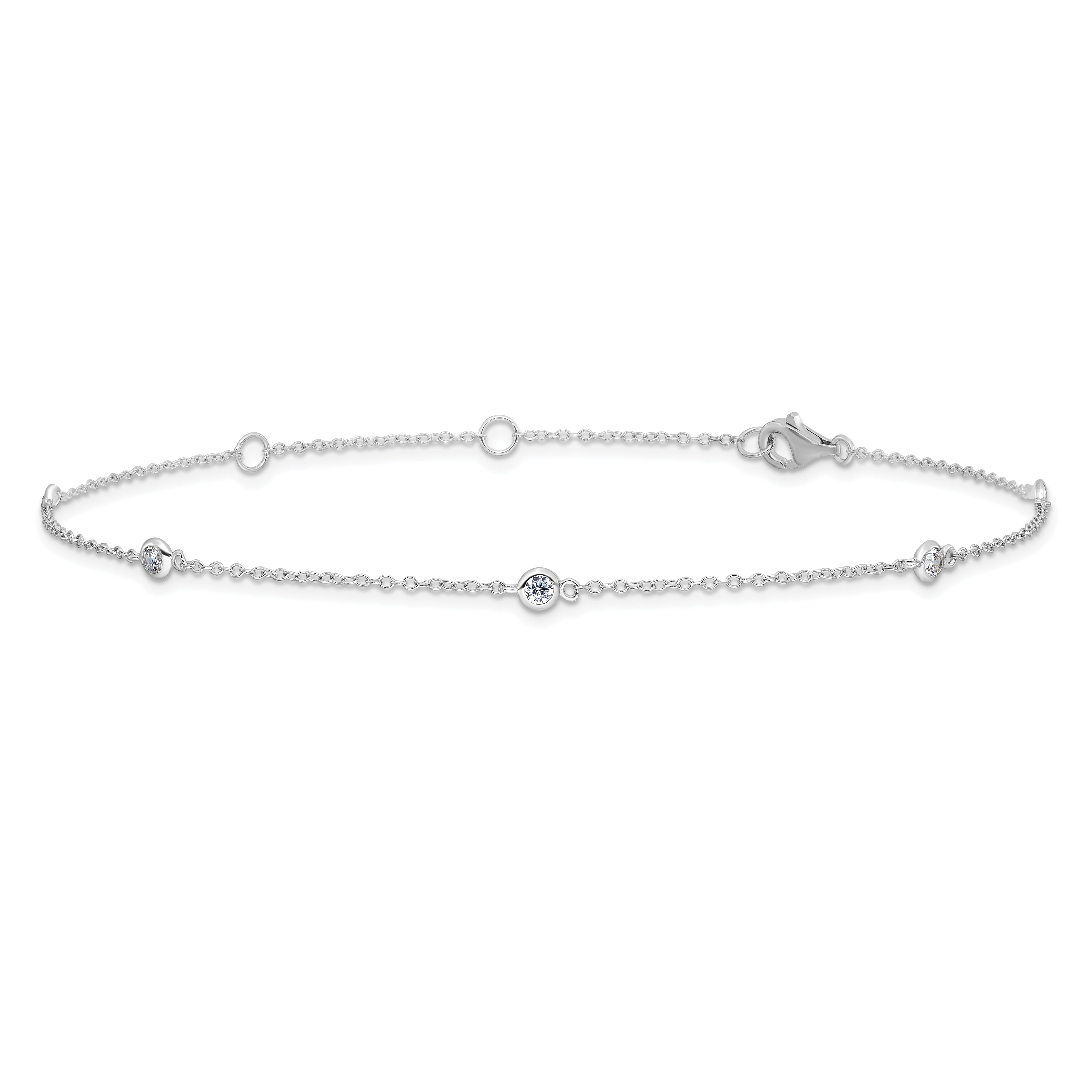 Sterling Silver Rhodium-Plated Bezel Cz 9In Plus 2In Ext. Anklet
