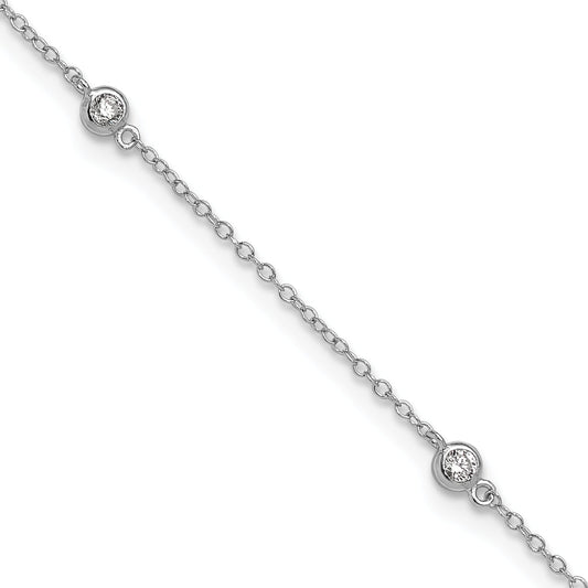Sterling Silver Rhodium-Plated Bezel Cz 9In Plus 2In Ext. Anklet