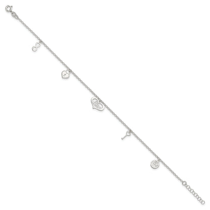 Sterling Silver Love Themed Dangles 9In Plus 1In Ext. Anklet