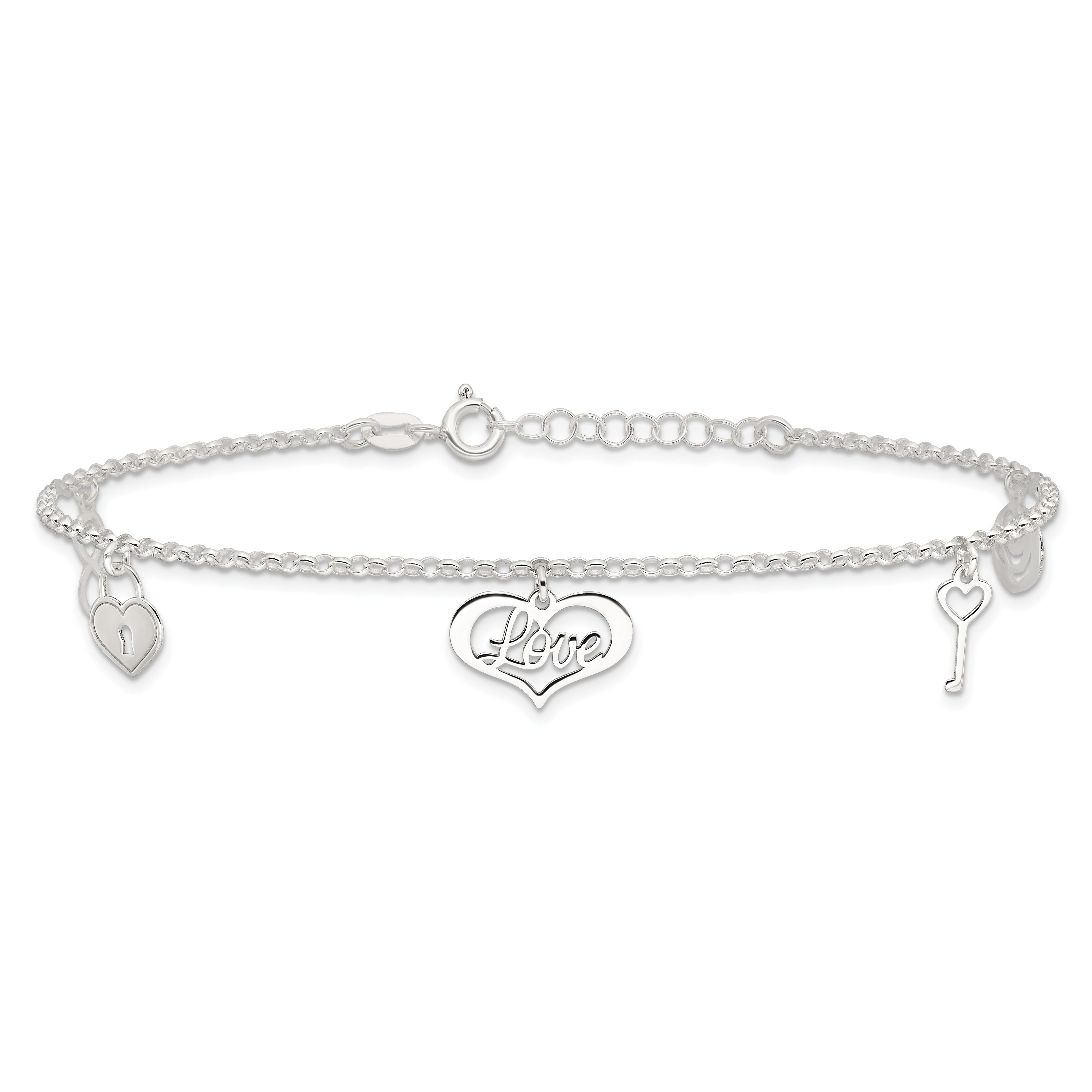 Sterling Silver Love Themed Dangles 9In Plus 1In Ext. Anklet